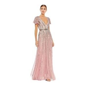 Mac Duggal Striped Sequin V-Neck Gown in Rose NWT